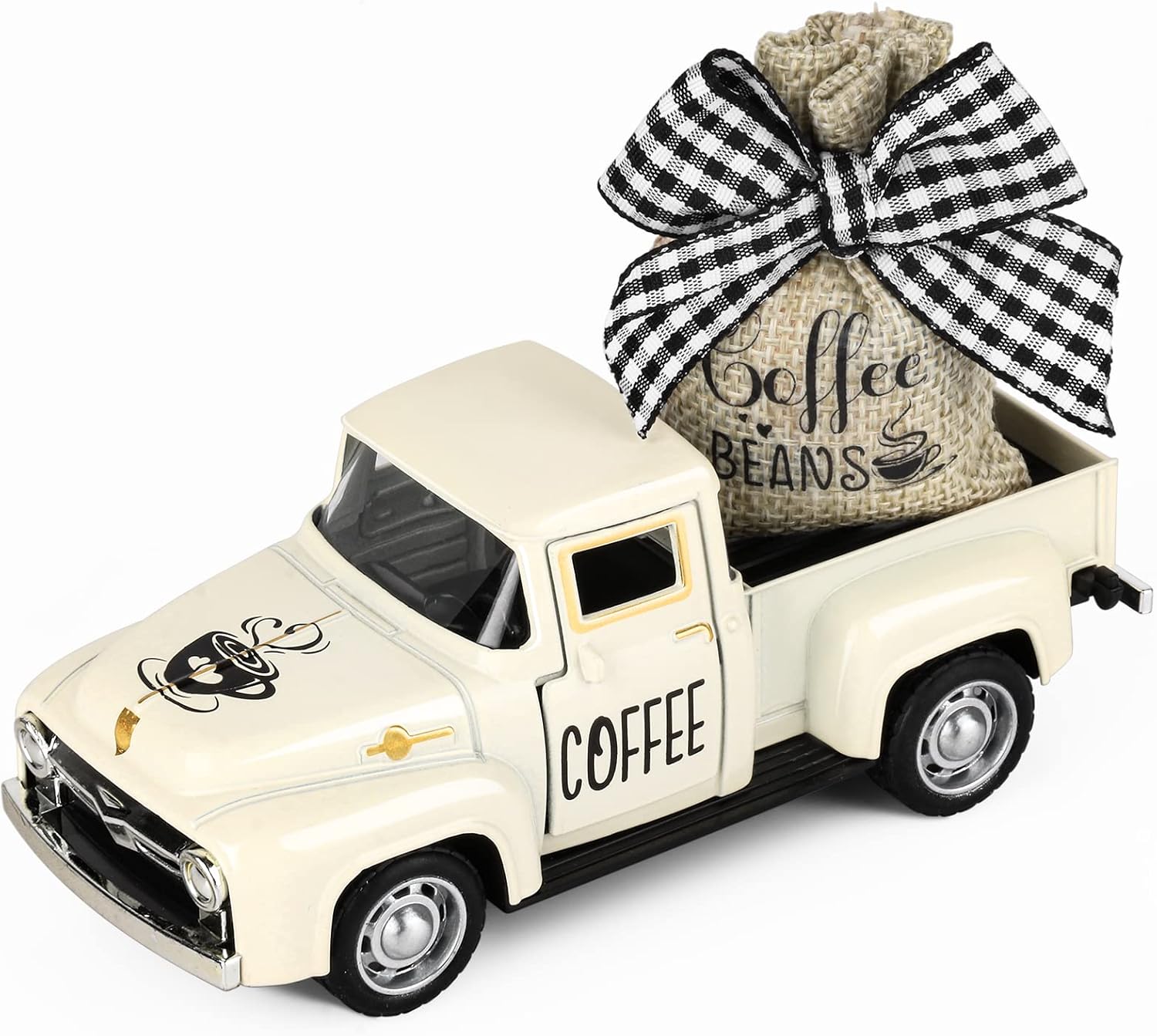Hooqict Coffee Bar Decor Mini Metal White Truck with Beans Burlap Sack for Home Farmhouse Kitchen Tiered Tray Decor Coffee Bar Accessories Coffee Station Decorations