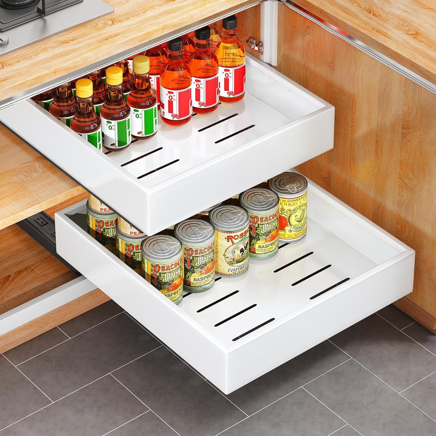 2Pack Pull out Cabinet Organizer, 21″Deep, Heavy Duty Full-extension Slide out Drawers for Kitchen Cabinet, Roll out Shelf Storage with Nano Adhesive for Pots, Bathroom, Pantry, Home, White