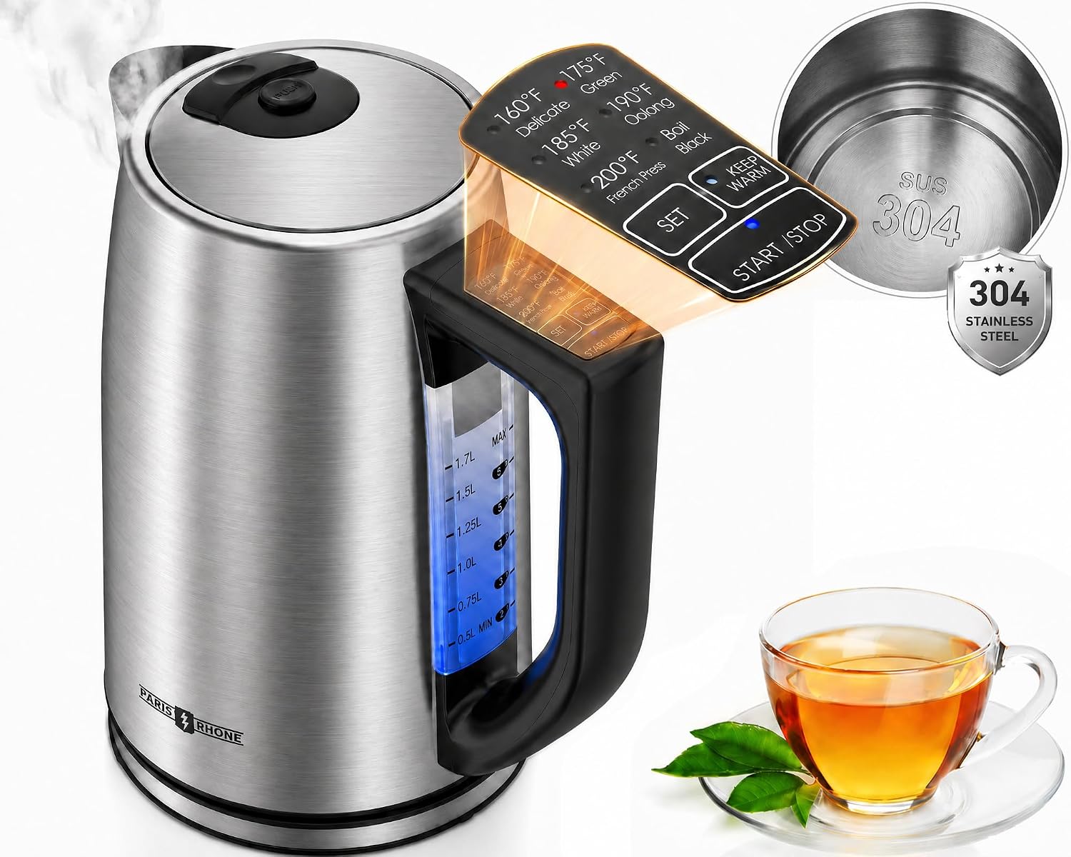 1.7L Electric Tea Kettle, 6 Precise Temperature Presets Stainless Steel Electric Kettle Temperature Control,1500W Fast Boiling Hot Water for Oolong & Green Tea with Strix Control