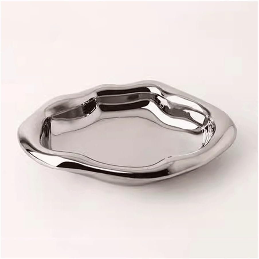 Ceramic Serving Tray Decorative Storage Fruit Snack Tea Pastry Home Organizer Tray (Silver)