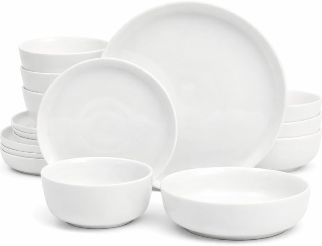 Gibson Home Oslo Dinnerware Set for 4, 16-Piece White Porcelain Plates and Bowls — Ceramic Dish Set | Microwave & Dishwasher Safe