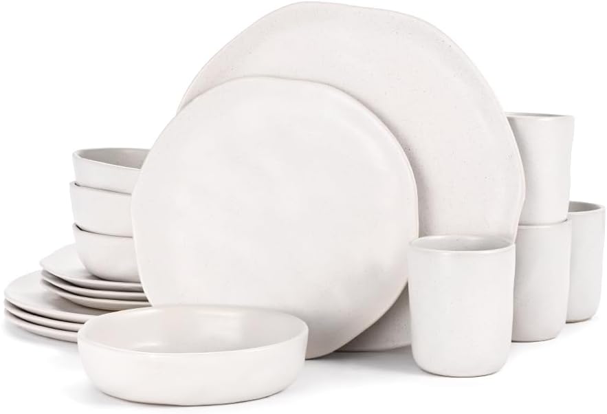 Cabtnca Plates and Bowls Sets for 4, 16 Pcs Modern Stoneware Dinnerware Sets, Highly Chip Scratch Resistant, Microwave & Dishwasher Safe, Irregular Dish Set for Kitchen Home, Speckled White