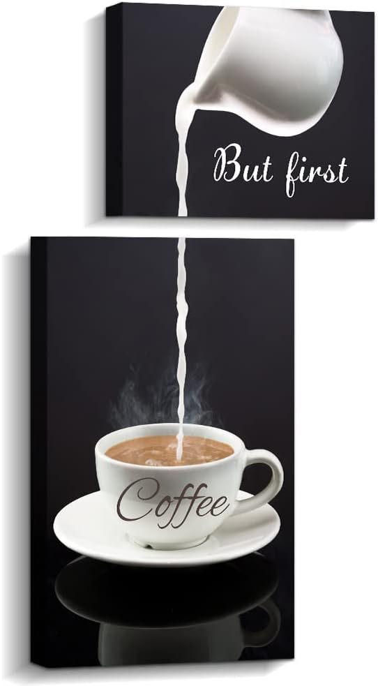 Pinetree Art Coffee Bar Wall Decor – But First Coffee Sign – Kitchen Canvas Wall Art for Modern Home Dining Room