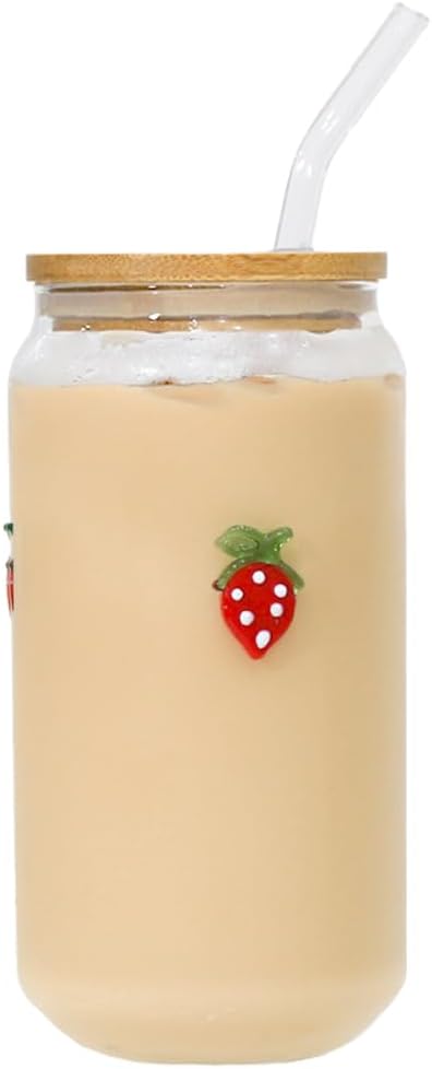 Coquette Aesthetic Can Glass Cup with Bamboo Lid and Straw, 16oz Cute Strawberry Tumbler for Smoothie, Iced Coffee Matcha Cup, Trendy Stuff Gifts for Women, Girl Gift