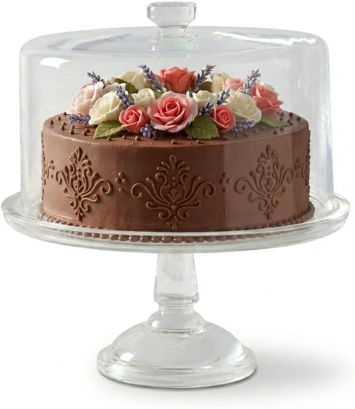 Martha Stewart Watercrest Glass Cake Stand with Dome, 10.2 Inch Clear Footed Pedestal Cake Stand with Glass Lid Cover, Handmade Glassware for Cakes and Desserts