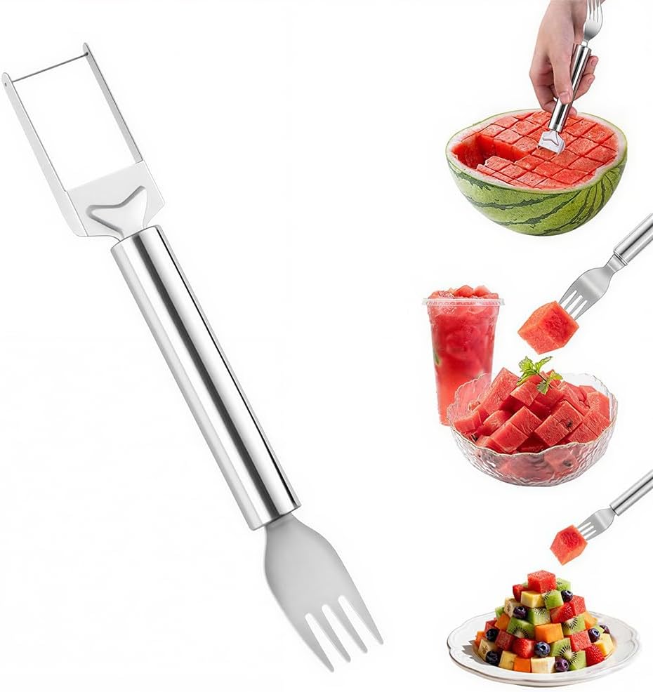 2-in-1 Stainless Steel Fruit Cutter, Watermelon Fork Slicer Tool, Watermelon Slicer and Fork, Dual Head Knife with Round Handle for Kitchen Fruit Cubes (1 Piece)