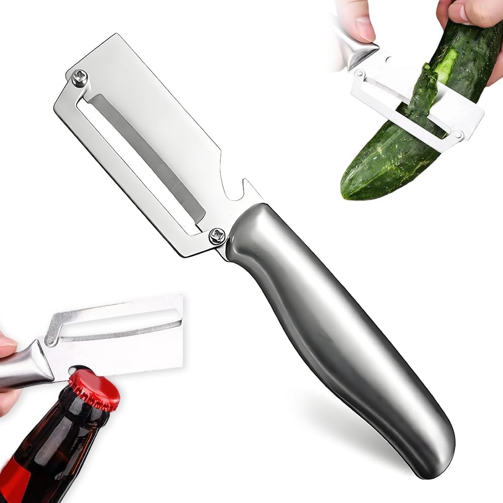 Multi-Functional Vegetable Peeler for Kitchen, 2026 Premium Vegetable Peeler with Wooden Handle and Bottle Opener, 2-in-1 Stainless Steel Kitchen Tool for Fruit Veggie Peeler (Silver)
