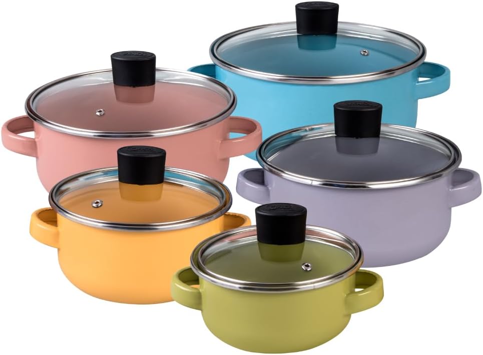 Cinsa 10-Piece Pot Set – Premium Enamel on Steel Pots with Lids, Compatible with Electric, Induction, and Gas Stoves, Multicolor