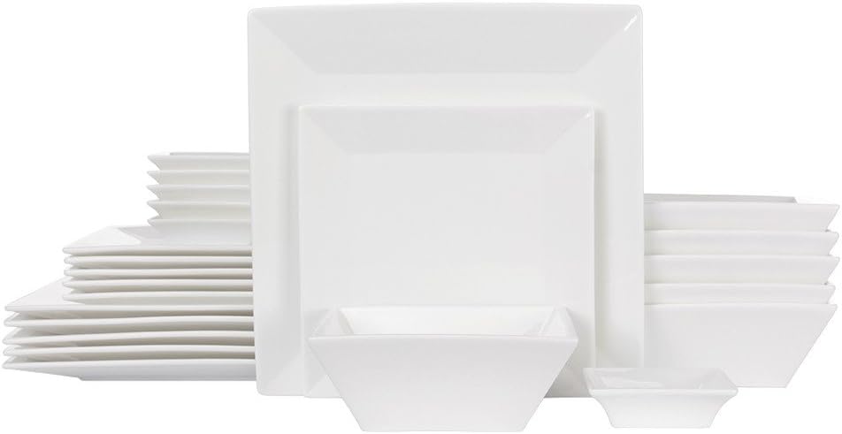 Porlien Off-White Porcelain Dinnerware Set (24 Piece Dinnerware Set), Square Dishes Set for 6 Person, Chip Resistant Dinnerware Set, Square Plates and Bowls Sets, Durable Everyday Dishes