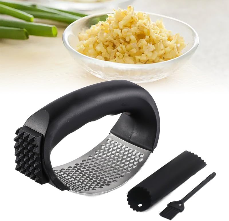 2026 Upgraded Garlic Press Rocker, Stainless Steel Garlic Press, Garlic Crusher with Peeler and Cleaning Brush, Garlic Chopper for Crush Garlic Kitchen Gadgets, Home Kitchen Tools (Black)