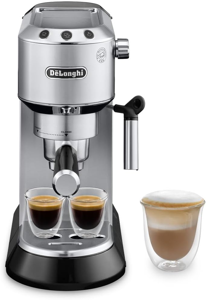 De’Longhi Dedica Espresso Machine with Manual Milk Frother, 15-Bar Pump & Adjustable Tray – Home Barista Coffee Maker for Espresso, Latte, Cappuccino & Iced Coffee – Italian Stainless Steel Design