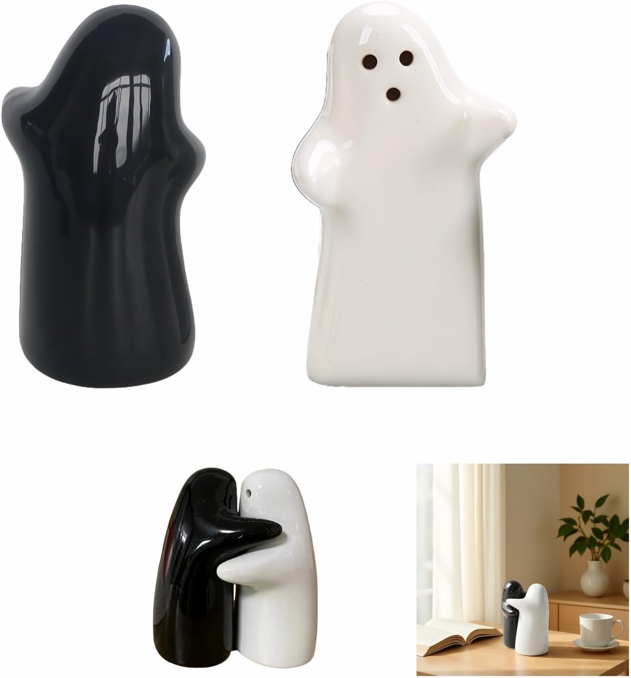 Salt and Pepper Shakers, Ceramic Ghost Design, Black and White Hugging Couple, Wedding Gifts, Kitchen Decor, Halloween, Refillable & Easy Use (Black & White)