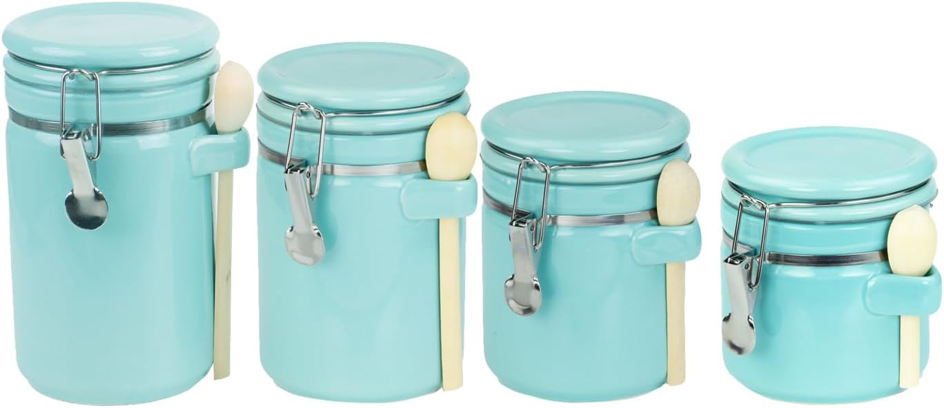 Canister Sets For The Kitchen (4 Piece) Turquoise, High Gloss Ceramic | By Home Basics | Decorative Set | With Wooden Spoons, Countertop For Flour, Sugar, Coffee, and Snacks