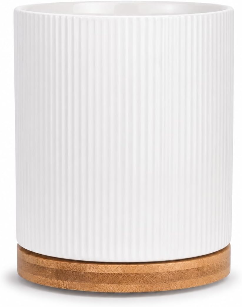 QUELIEN Utensil Holder, 360° Rotating Ceramic Kitchen Utensil Holder for Countertop, 7.7″ Utensil Crock for Kitchen Counter with Rotatable Wooden Base,Ideal Housewarming Gift & Mothers Day Gift