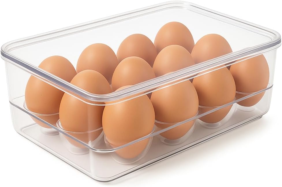 Dependable Industries inc. Essentials Stackable Plastic Egg Holder for Refrigerator with Lid – Clear 12 Count Fridge Egg Container, BPA Free Egg Storage Organizer Bin
