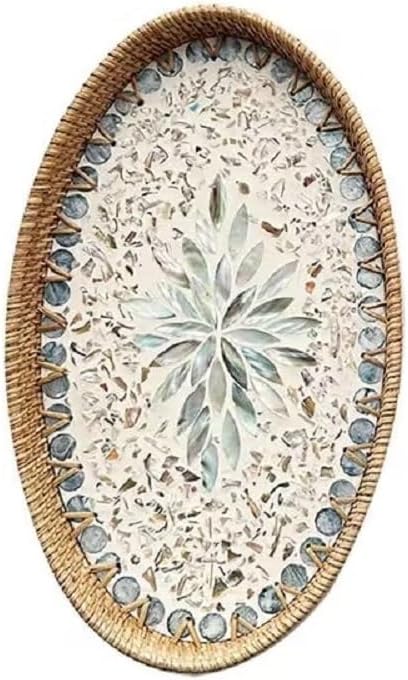 14.5 Inch Serving Tray for Coffee Table Ottoman Décor Tray for Living Room Mother of Pearl Inlay Rattan Centerpiece Tray for Candle Holder, Flower, Coffee, Bread, Fruit (Large)