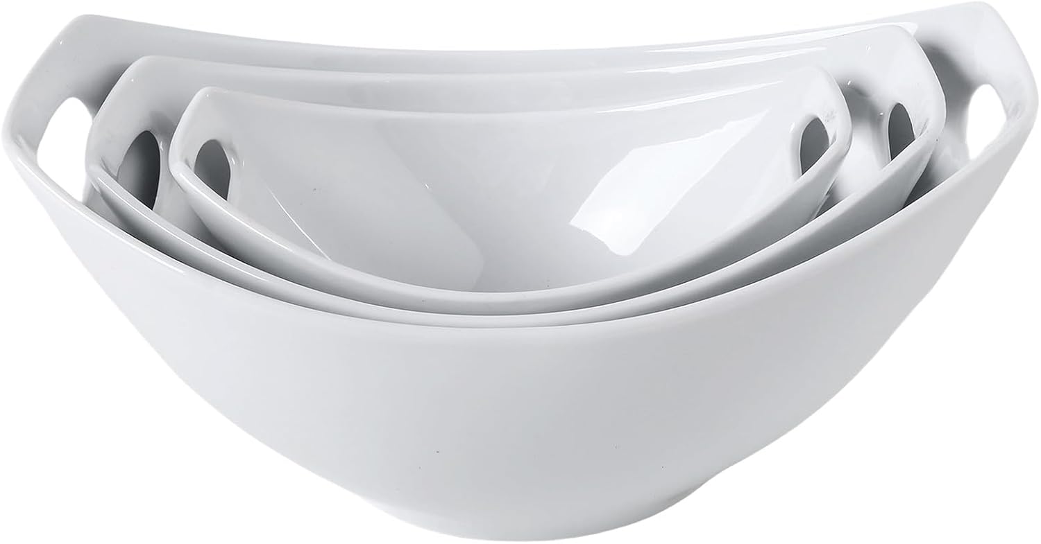 Ceramic Serving Bowls with Handles, Large Salad Bowl Set for Entertaining, Mixing, Serving Dishes for Parties, Kitchen, Housewarming & Everyday Use, Set of 3, 15/28/49 oz