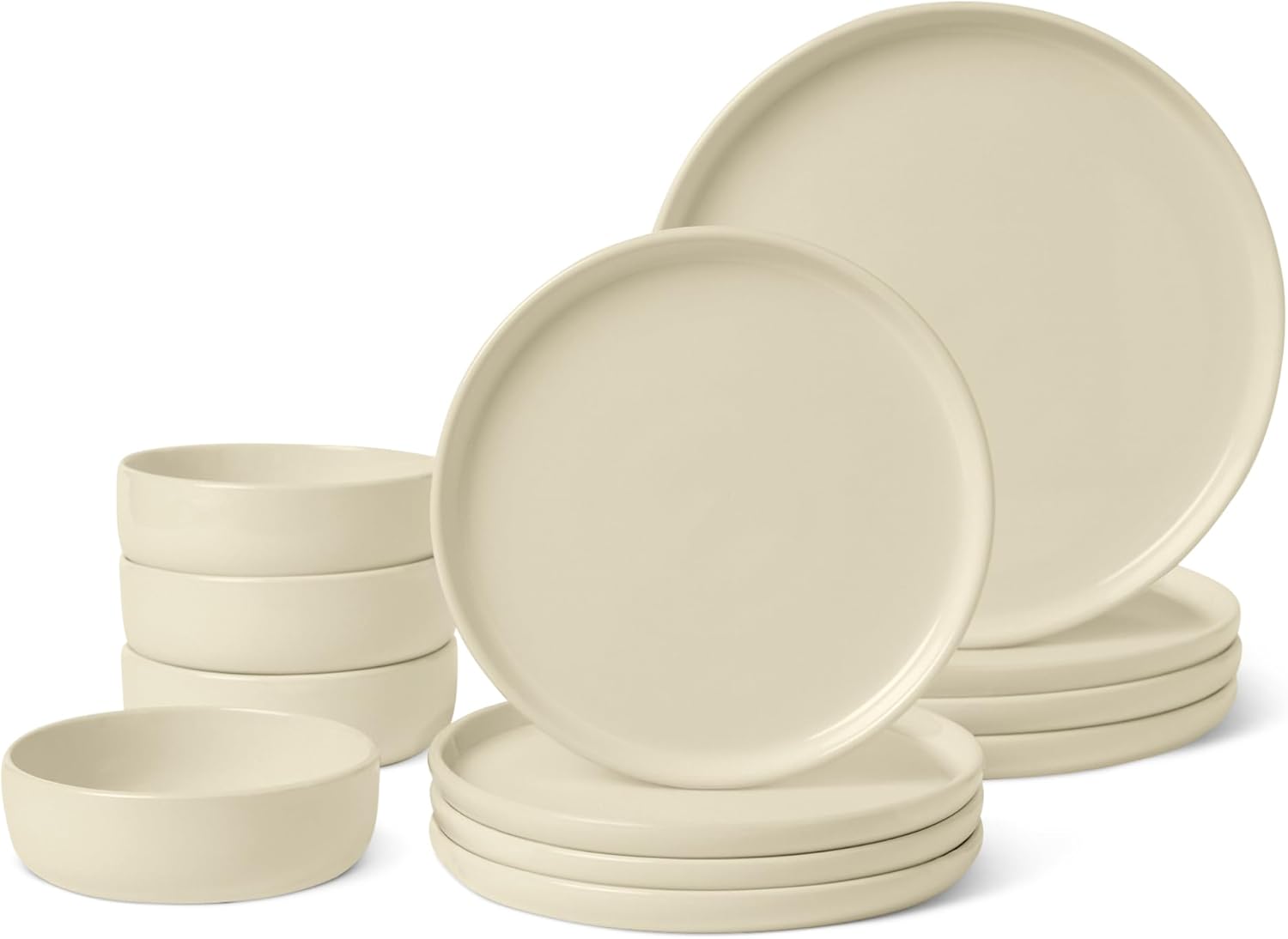 Amazon Basics Glazed Stoneware Dinnerware Set, Ceramic, Dishwasher-Safe, Freezer-Safe, 4 Full Place Settings, 12-Piece, Ivory