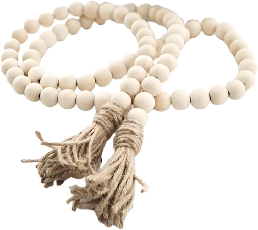 Sivya 58in Farmhouse Beads Wood Bead Garland with Tassels (Natural Wood, 58in/1Pcs)