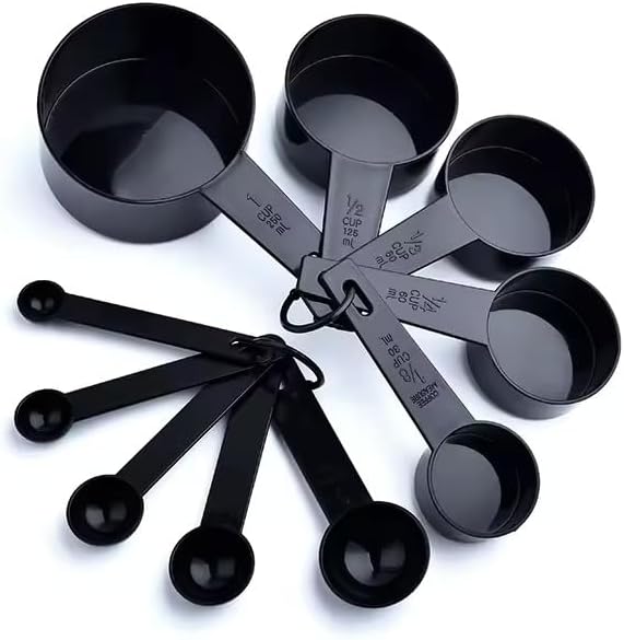 Ovenza Measuring Cups and Spoons Set, 10 Piece BPA-Free Plastic Kitchen Measuring Set, 5 Cups & 5 Spoons, Dishwasher Safe, Nesting Design for Baking and Cooking – Black