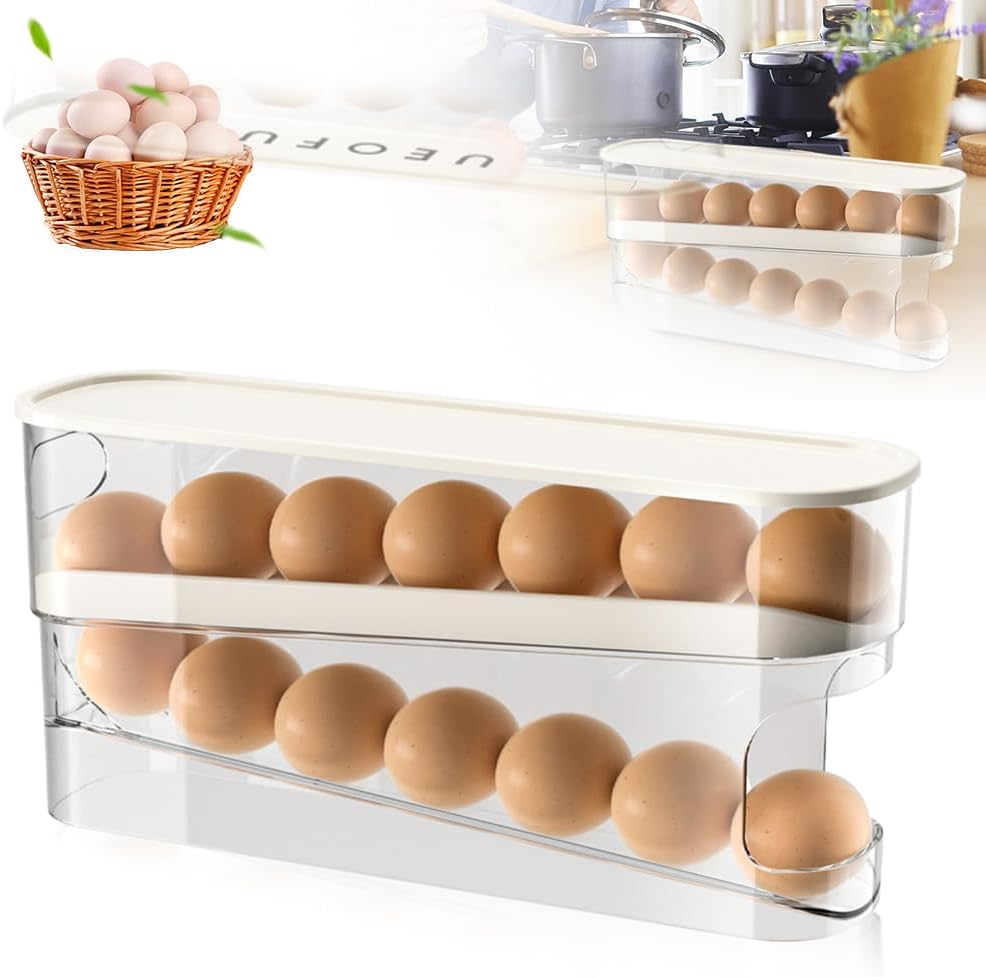 ROWPOZ 2026 New Egg Holder for Fridge, Egg Organizer for Refrigerator Automatic Scrolling Eggs Rack Holder Rolling Dispenser Stackable Container and Storage for Refrigerator with Lid