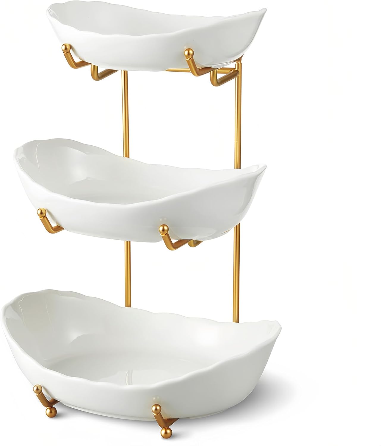 Ceramic Fruit Bowl for Kitchen Counter – 3 Tier Fruit Basket with Metal Stand, Tiered Fruit Stand for Countertop, Snack, Nuts, Cake, Dessert, Cute (Gold, Small) 1