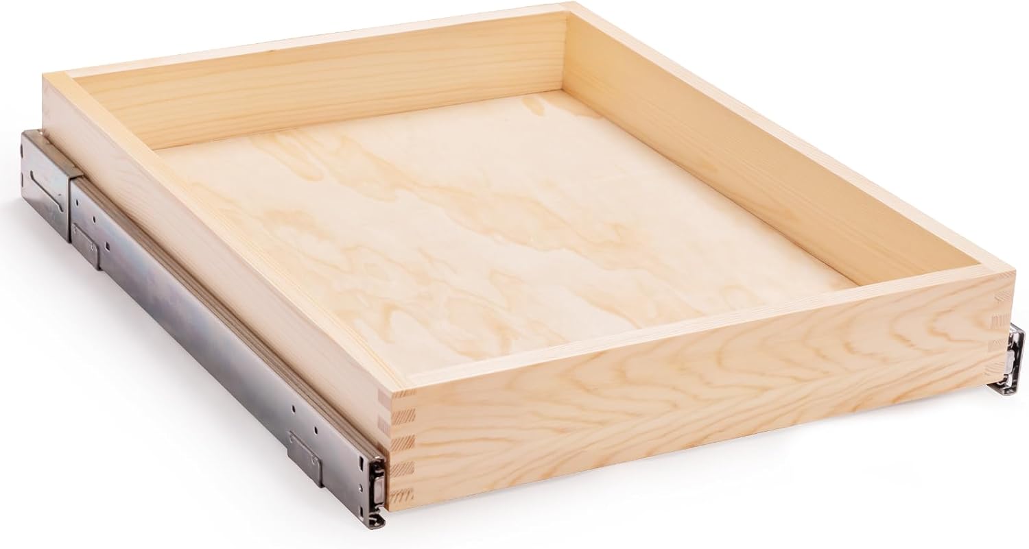 Mulush 26”W x 21”D x 3”H Pull Out Cabinet Drawer Soft Close Slide Out Wood Organizer for Kitchen, Finished, Bottom and Side Assembly (Wood Drawer Part Width is 25inch)