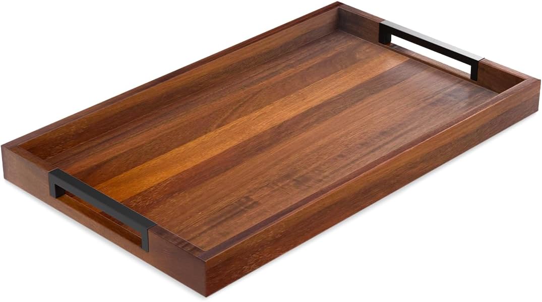 Acacia Wood Serving Tray with Handles, Large Wooden Ottoman & Coffee Table Tray 16.5″x12″ with 2 Silicone Mats – Decorative Wooden Serving Tray for Breakfast in Bed, Kitchen, Bar & Home Décor
