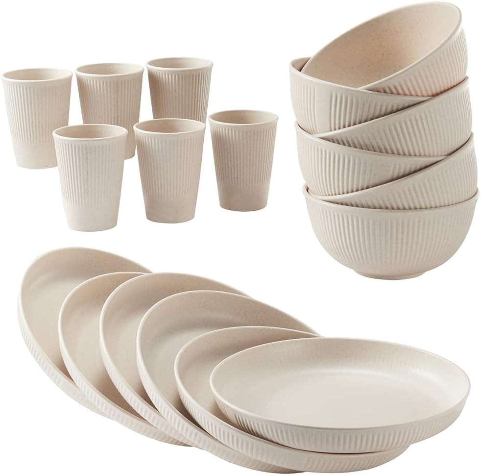 18pcs Wheat Straw Dinnerware Sets HXYPN Unbreakable Reusable Dinnerware Set | Kitchen Cups Plates and Bowls Sets Dishwasher Microwave Safe Plates