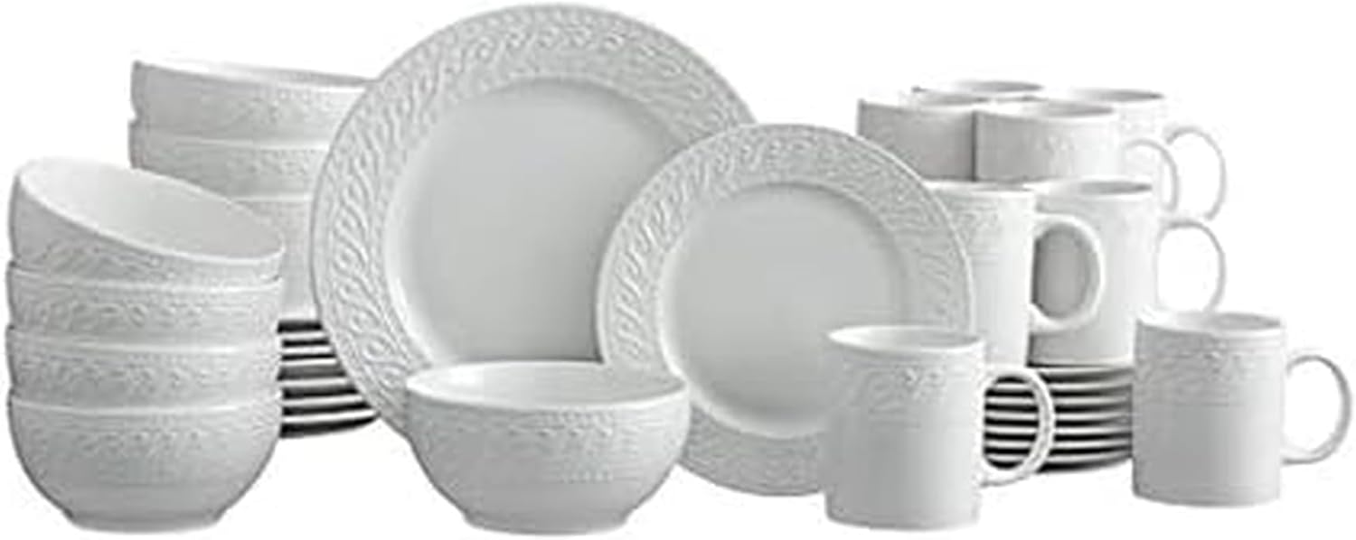 Pfaltzgraff Sylvia Dinnerware Set 32-Piece Service for 8 – White Porcelain Dinner Plates, Salad Plates, Soup Bowls and Mugs with Embossed Scrollwork