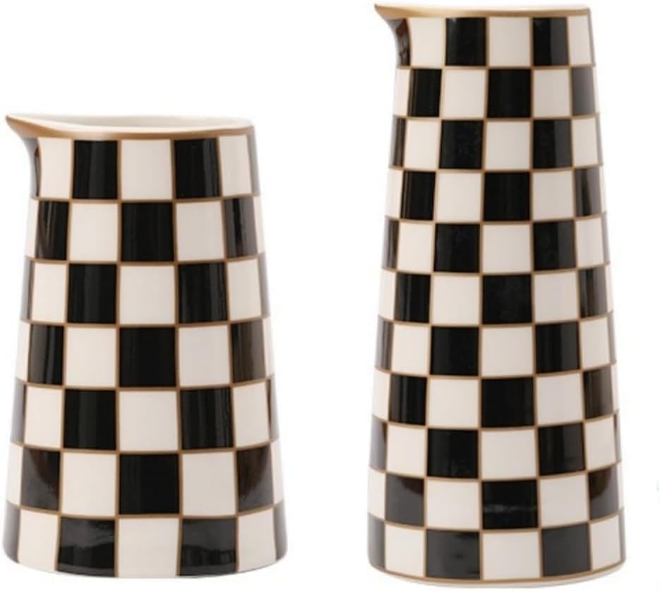 Porlien Checker Porcelain Flower Vase Home Decor Set of 2 with 5.5′ High and 8′ High Small Indoor Flower Bottles