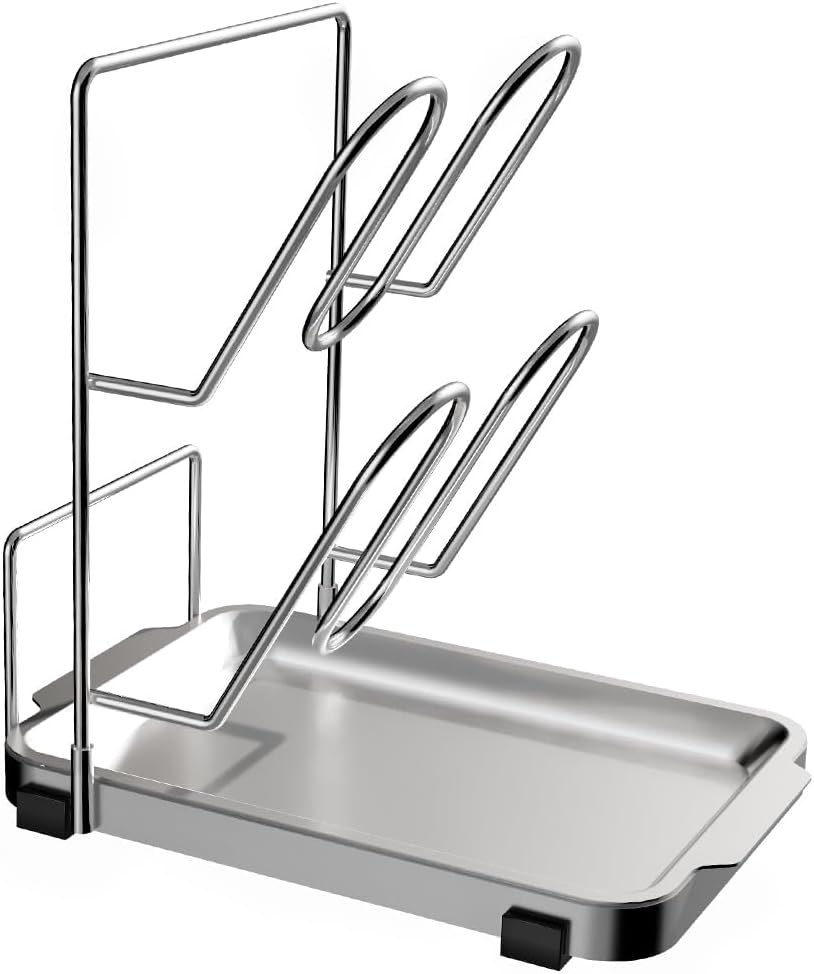 YQh Pot Lid Holder, Two-Compartment Stainless Steel Cooking Rack, Spoon Rest with Lid Holder, Spatula Holder for Counter, Stove Top Shelf Spoon and Lid Rest, Pot Lid Organizer