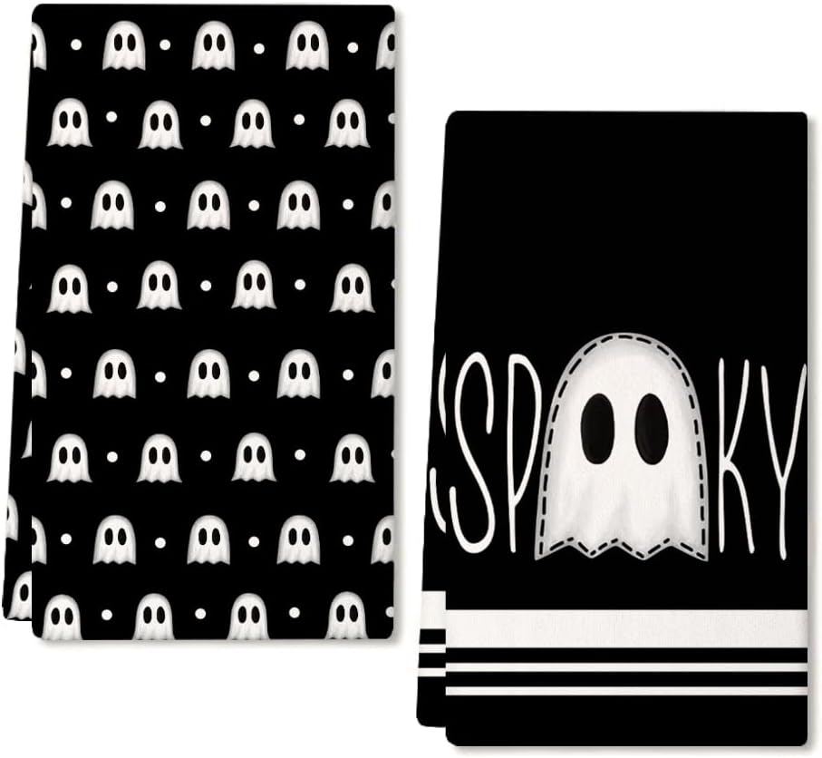ARKENY Halloween Kitchen Dish Towels Set of 2,Black Ghost Bowknot 18×26 Inch Drying Dishcloth,Farmhouse Home Decoration AD132