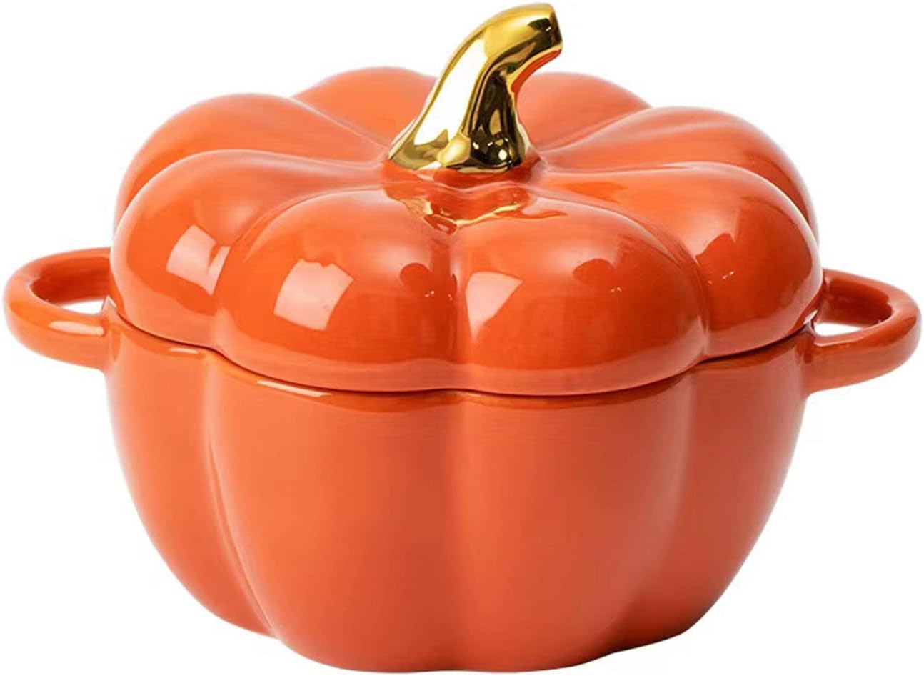 Pumpkin Bowl Set with Lid and Handle, 14 Oz Ceramic Ramekins for Baking, Casserole Dish Individual Severing Pot, Stoneware, Oven Safe (Orange)