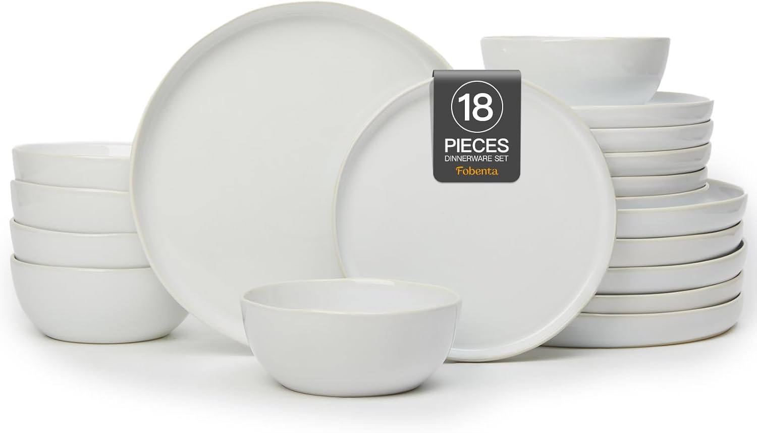 FOBENTA 18-Piece Fog White Ceramic Plates and Bowls Set,Minimalist Dinnerware Sets for 6 – Artful Dish Set for Serene Dining & Everyday Aesthetic