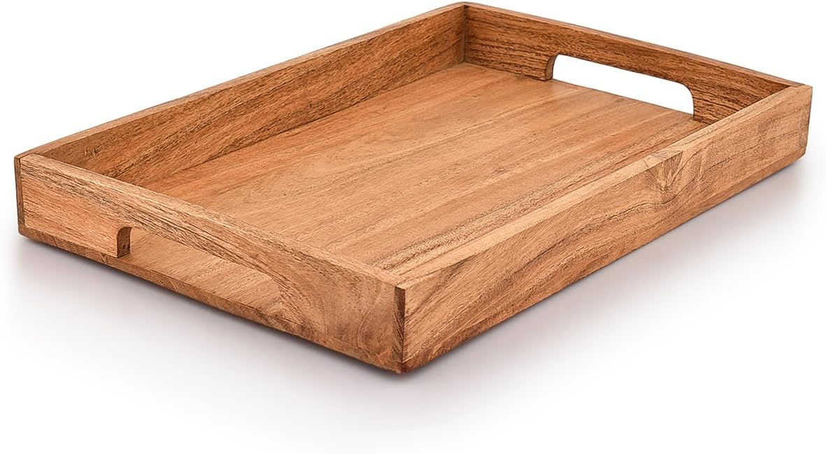 Samhita Acacia Wood Serving Tray with Handles,Wooden Tray, Snack Tray, Breakfast Tray, Great for, Breakfast, Coffee Tables, Homes, Restaurant|Size- 15″ x 10″ x 1.6″
