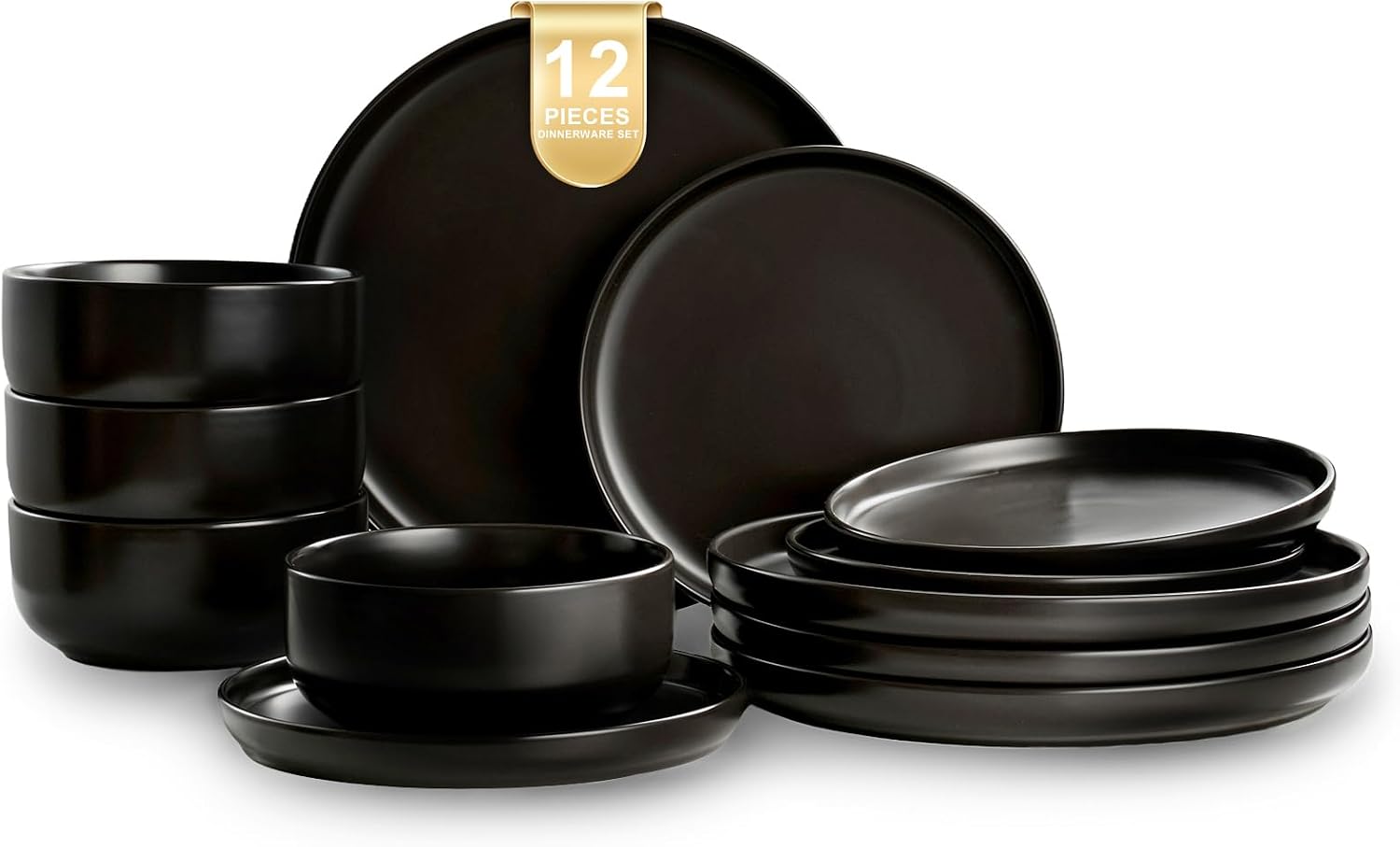 EWFEN Plates and Bowls Sets, 12 Pieces Ceramic Dinnerware Set for 4, Stoneware Dishware Dishes Set, Scratch Resistant Dishes Set, Dishwasher & Microwave Safe, Black