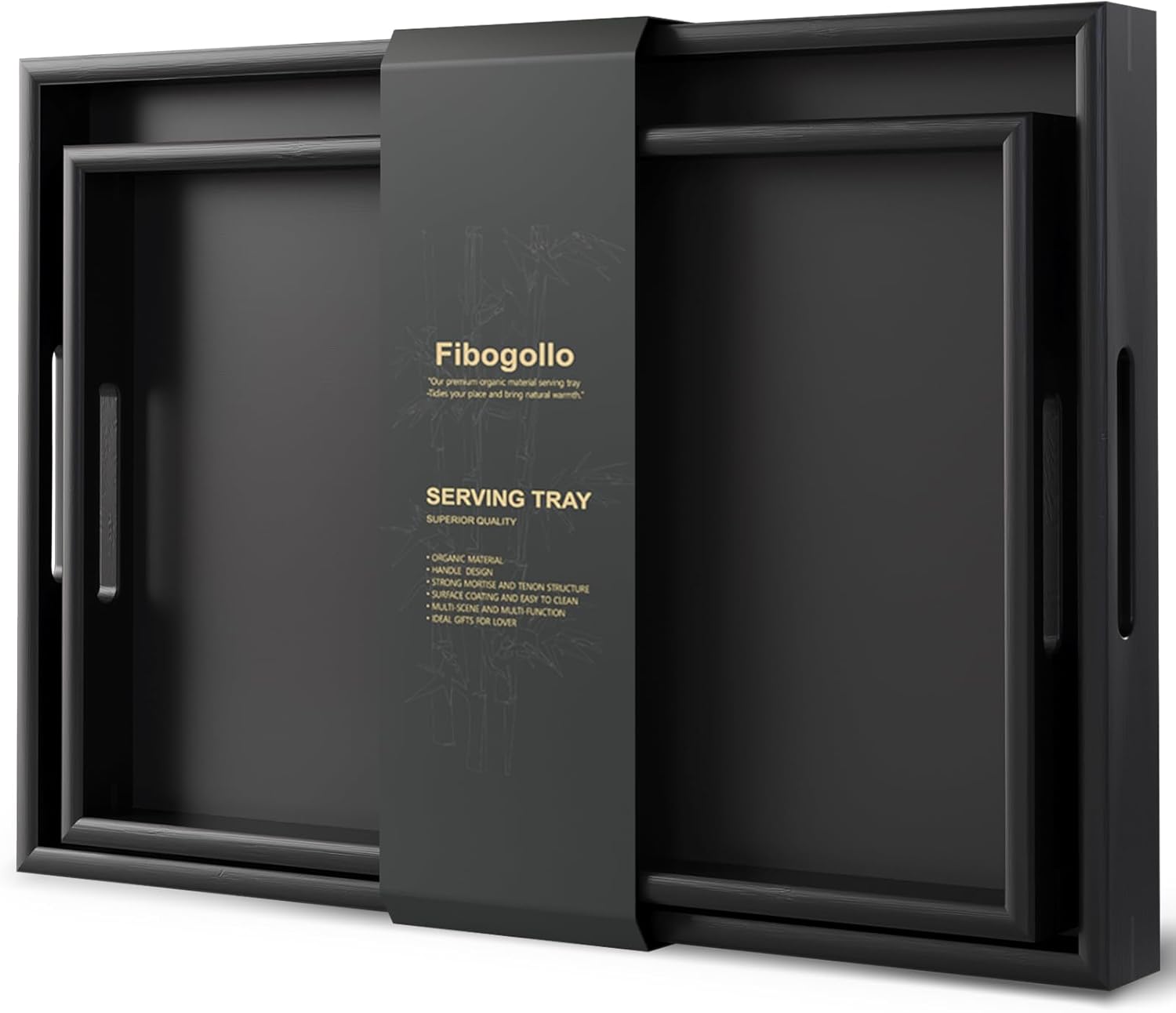 Fibogollo Bamboo Set of 2 Serving Tray with Handles,Decorative Trays Platter,Breakfast Tray in Bed,Food Drinks Tray for Eating,Working,Storing(Black)