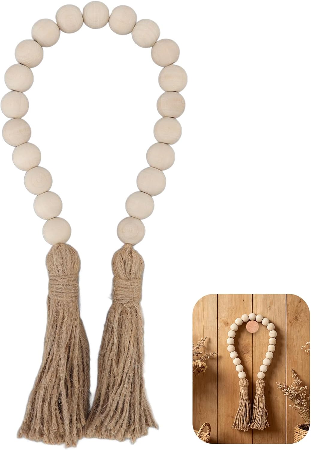 Buachois Farmhouse Beads 24in Wood Bead Garland with Tassels Rustic Country Decor Prayer Wall Hanging Bead Decoration for Gifts Ornamen