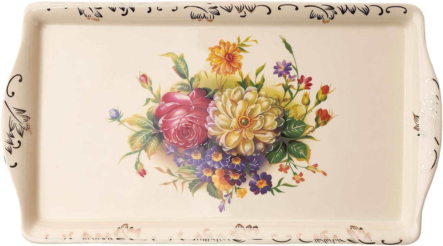 YOLIFE Ceramic Tea Serving Tray, Floral with Gold Leaves Trim Decorative Platter for Tea Party – 13.5 x 7.5 inch