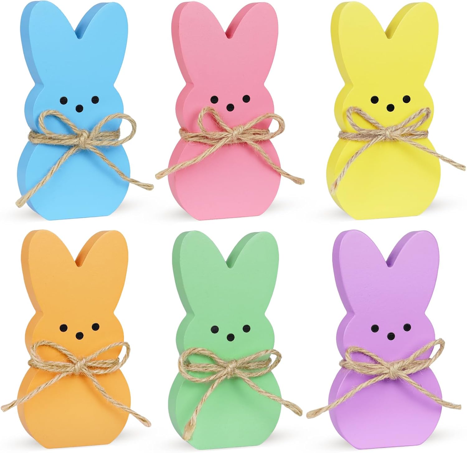 Easter Table Decorations Bunny Decor, 6 Pcs Wooden Bunny Easter Signs with Rope, Cute Rabbit for Home Tiered Tray Mantel Office Kitchen Room Tabletop Centerpiece Shelf Vase Holiday Party Spring Decor