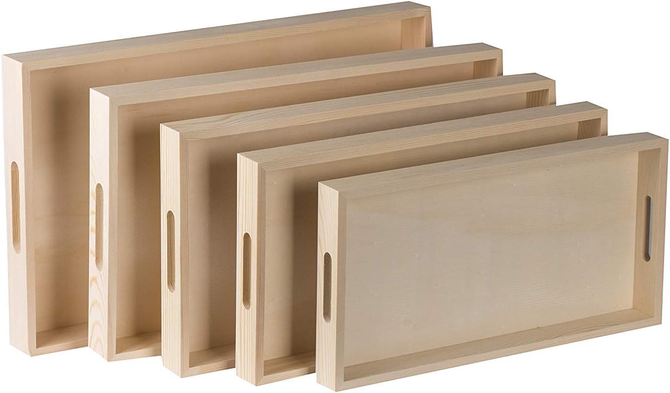 Hammont Wood Serving Tray Set with Handles – 5-Piece Nested Breakfast Trays for Food, Party Buffet, Organizing, and Montessori – Versatile Wooden Trays for Serving, Catering, and Bathroom Use