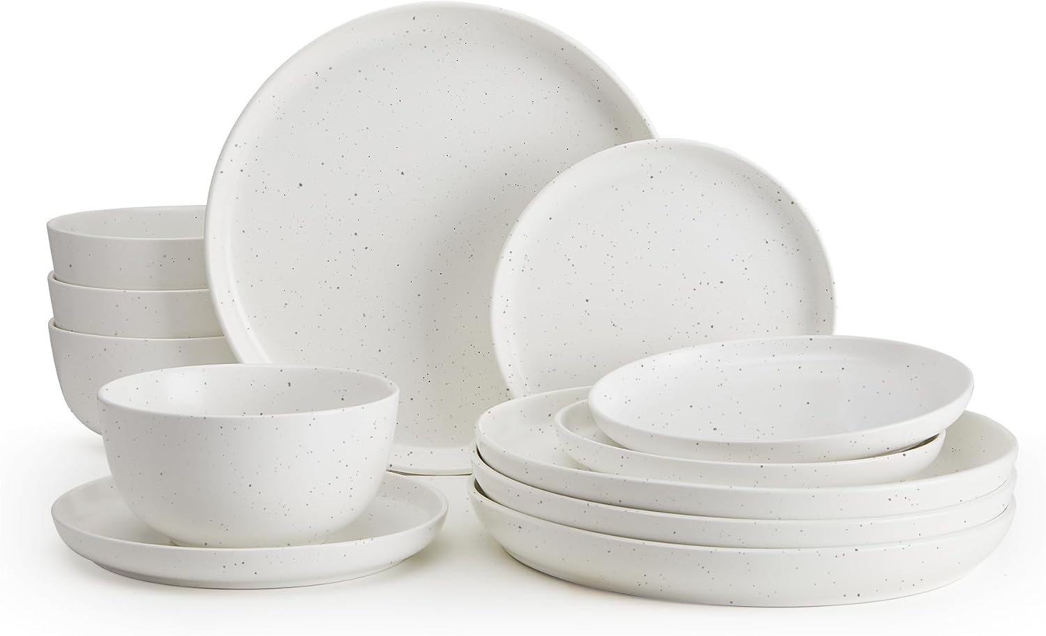 Sweese Dinnerware Sets Service for 4, 12 pcs Matte Speckled Glaze Plates and Bowls Sets, Handmade Ceramic Dish Set, Highly Chip and Crack Resistant Modern Plate Set, White