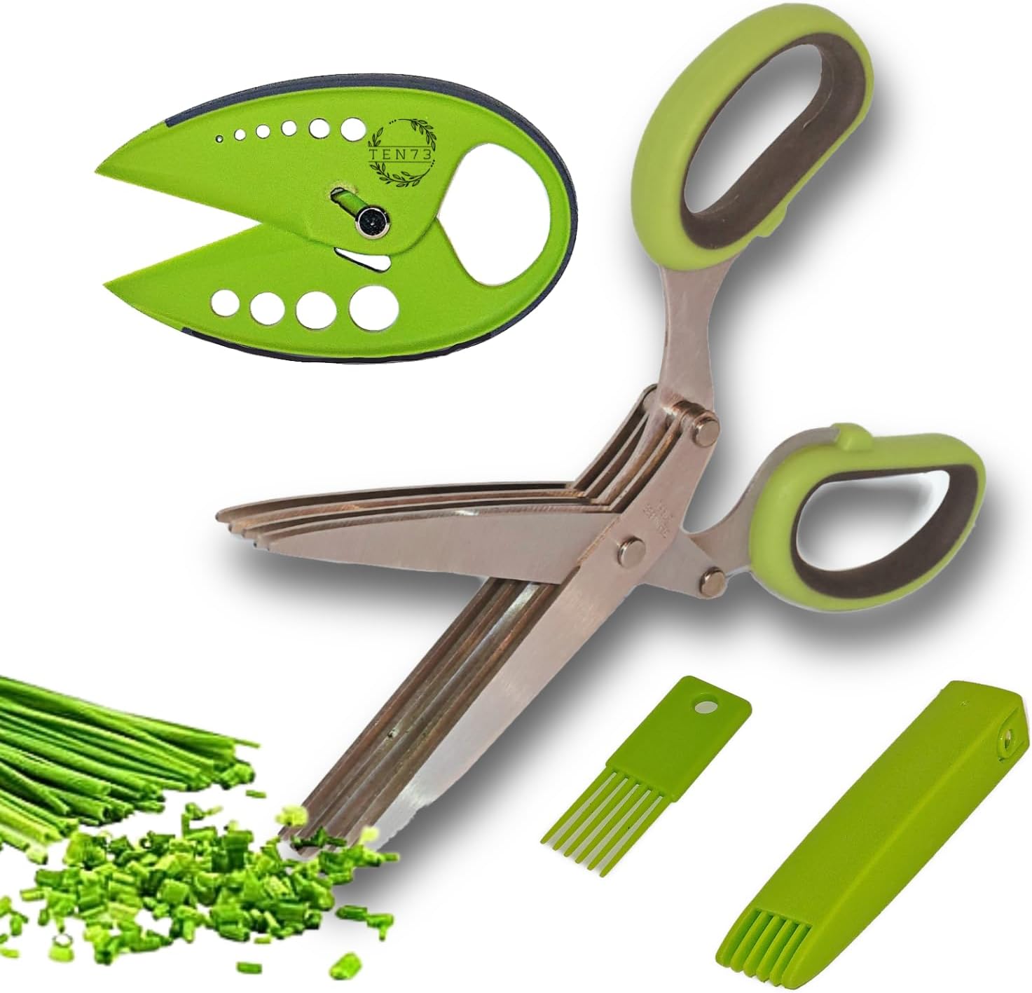 2-in-1 5-Blade Herb Scissors & Herb Stripper Set | 10-Hole Leaf stripper Stem Remover + Stainless Steel Herb Shears with Safety Cover & Cleaning Comb | Dishwasher Safe Kitchen Tool for all Herbs