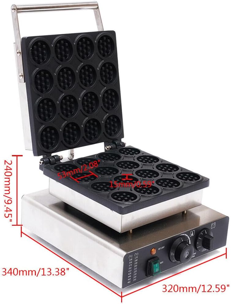 Commercial Round Waffle Maker Electric Mini Waffle Iron, 16 Grids 1750W Nonstick Stainless Steel Round Belgian Waffle Machine, 122-572°F Temp Range for Restaurant, Snack Bar, Food Stall