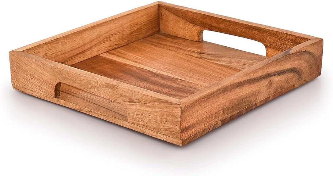Samhita Acacia Wood Serving Tray with Handles,Wooden Serving Tray, Snack Tray, Breakfast Tray, Great for, Breakfast, Coffee |Size- 10″ x 10″ x 1.75″
