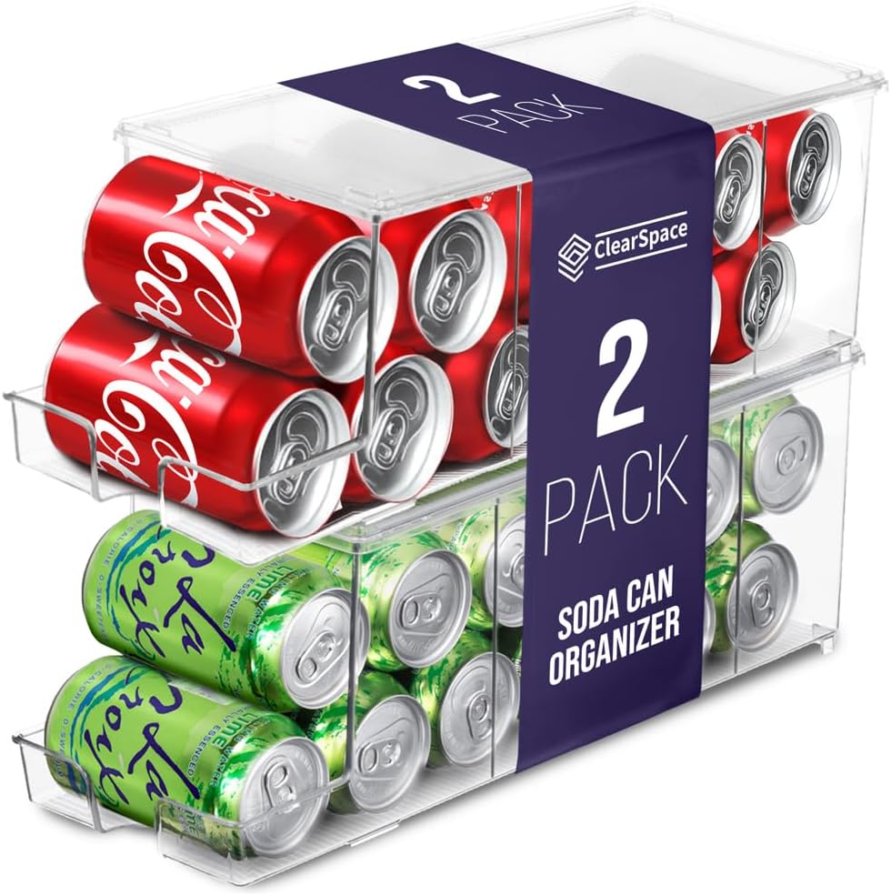 ClearSpace Soda Can Organizer & Soda Can Dispenser for Refrigerator – Fridge Organizer & Stackable Drink Organizer for Fridge or Refrigerator – Holds 12 Cans Each, BPA Free – 2 Pack