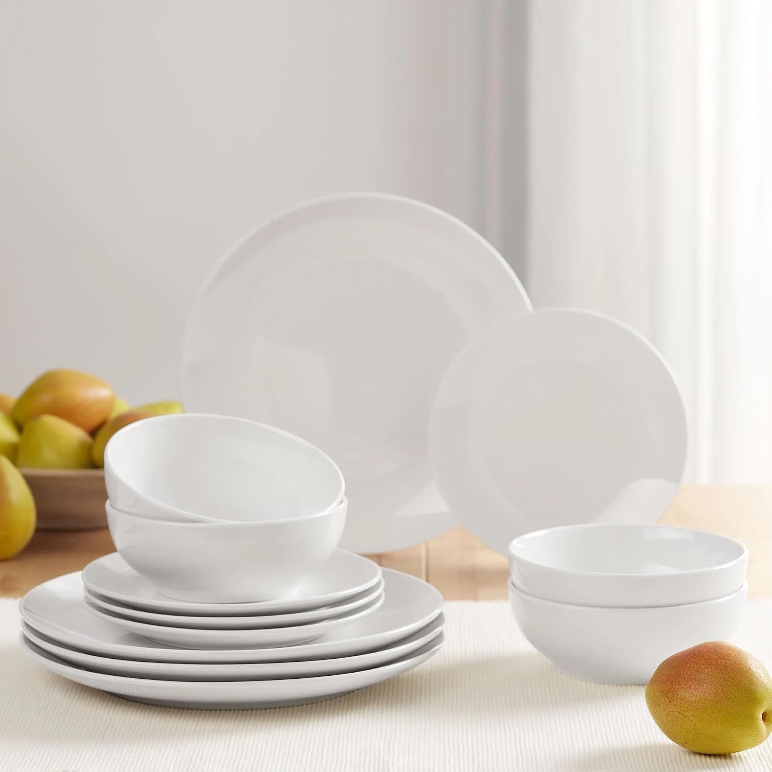 12 Piece White Stoneware Dinnerware Set, Glazed Ceramic Plates and Bowls for 4, Service for 4 Includes Dinner Plates, Salad Plates, Bowls, Microwave & Dishwasher Safe