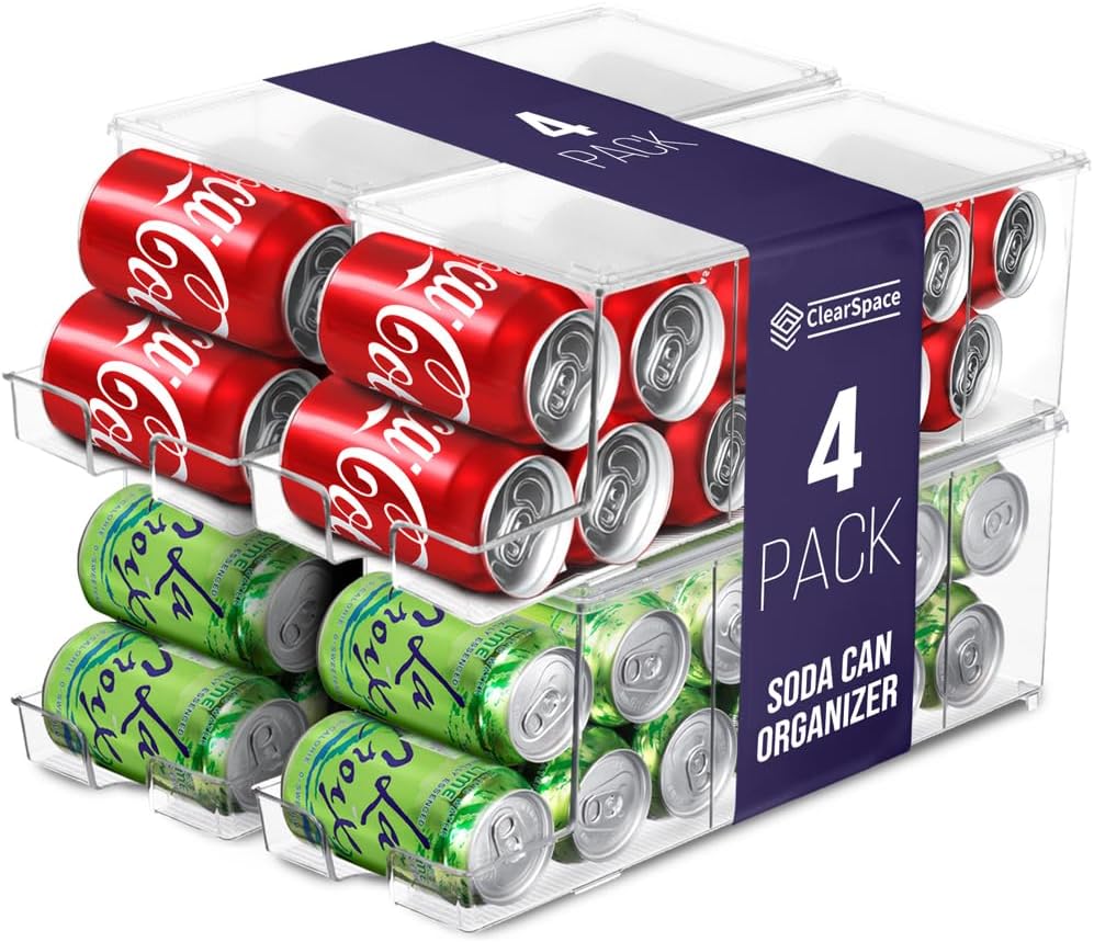 ClearSpace Soda Can Organizer & Soda Can Dispenser for Refrigerator – Fridge Organizer & Stackable Drink Organizer for Fridge, Can Organizer for Refrigerator – Holds 12 Cans Each, BPA Free – 4 Pack