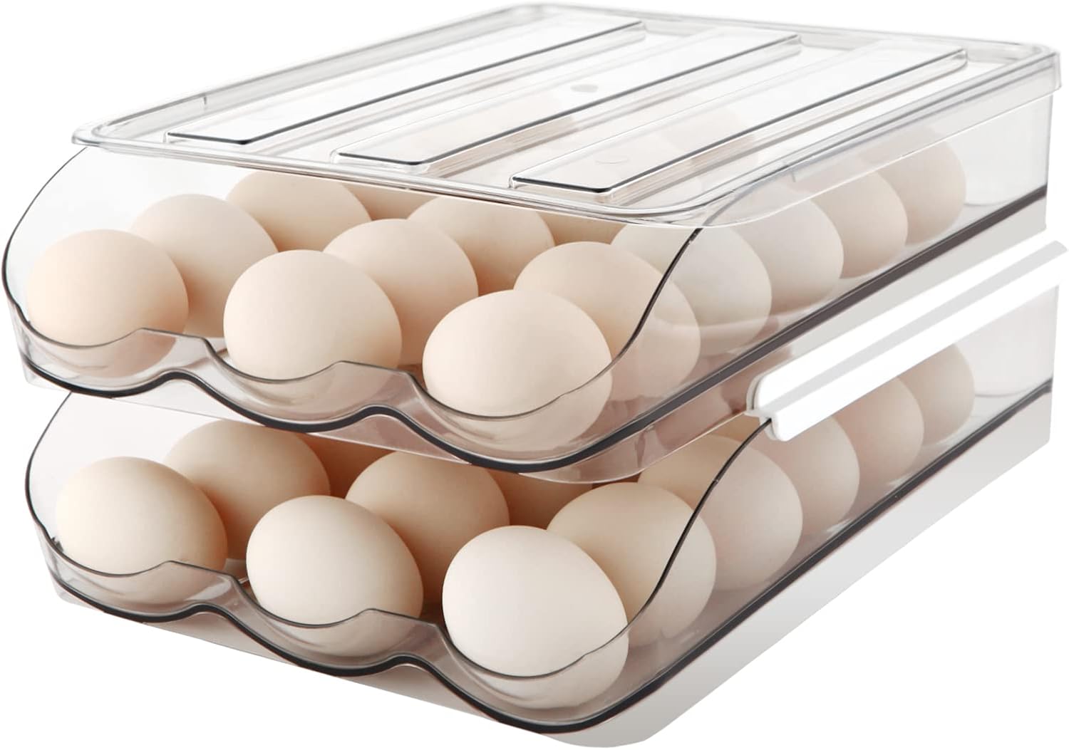 MesRosa Egg Holder for Fridge, Automatically Rolling Egg Storage Container for Refrigerator,Large Capacity Egg Organizer for Fridge with Lid,Clear Plastic Dispenser, Tray & Bin -2 Layer